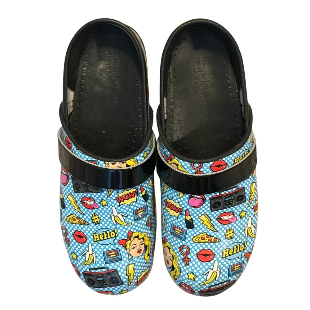 Bjork Swedish Comfort Pop Art Comic Book Print Clogs  Womens Size 39/40